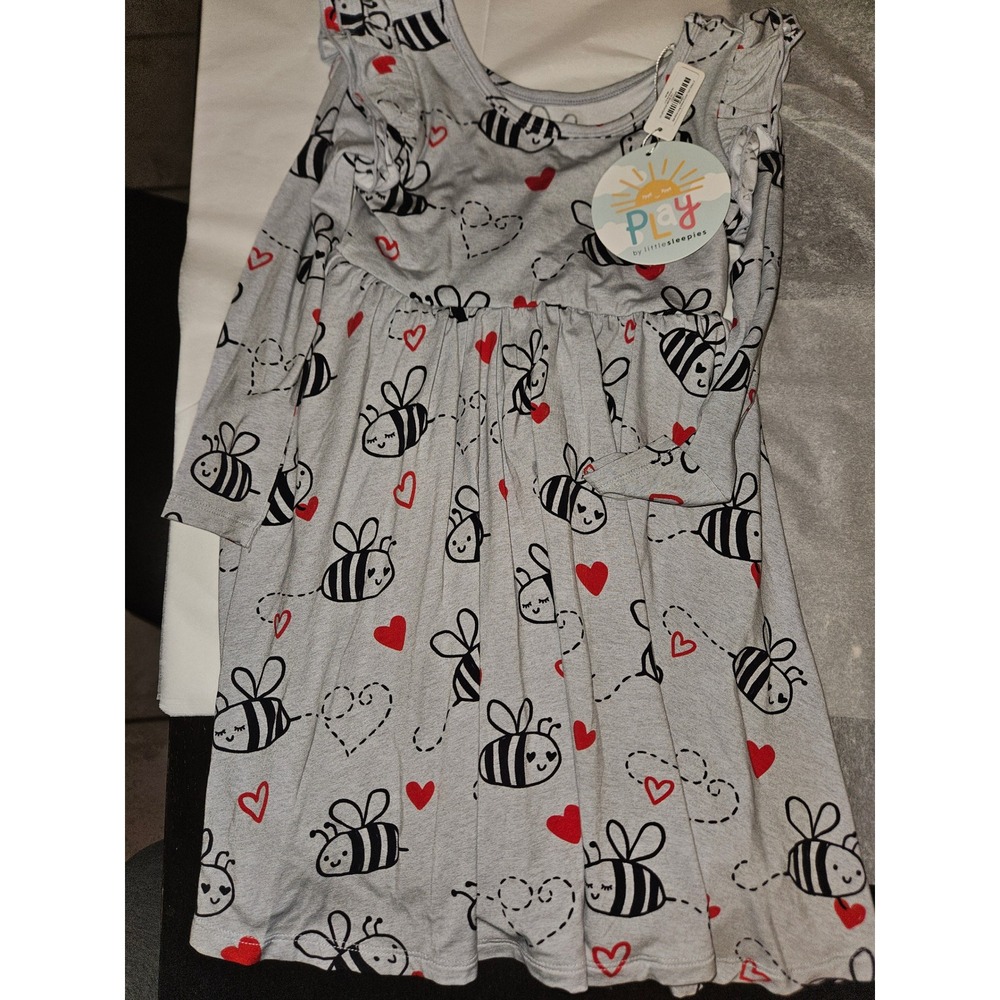 Little Sleepies Play Bee Mine Long Sleeve Flutter Twirl Dress Gray Hearts Size 5